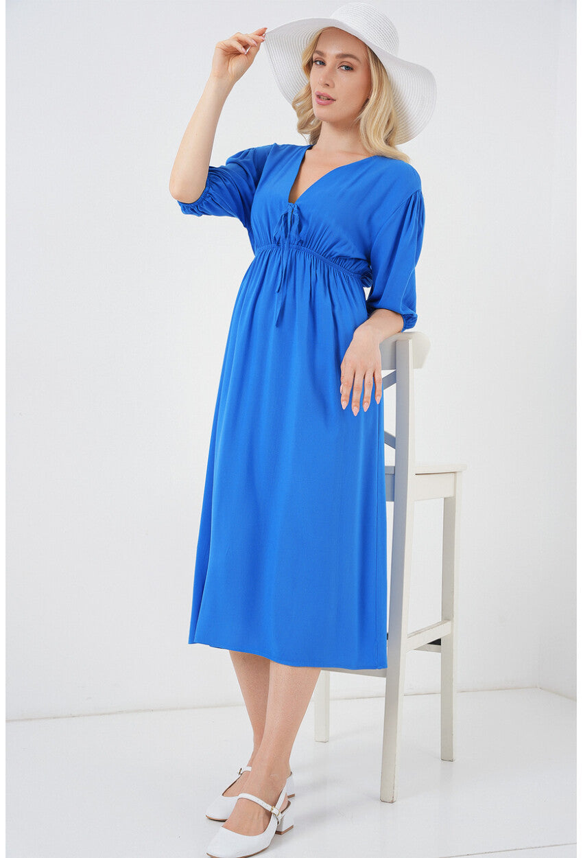 2570 Kadın Beli Büzgülü V Yaka Elbise