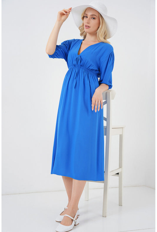 2570 Kadın Beli Büzgülü V Yaka Elbise