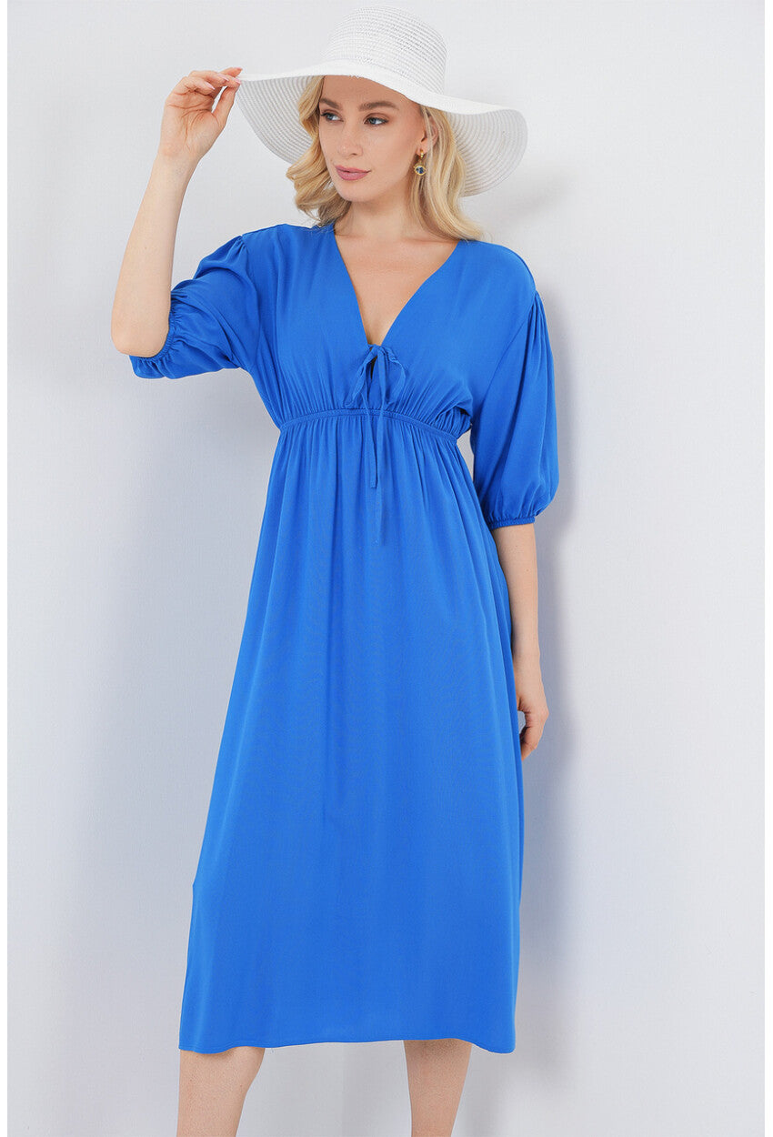 2570 Kadın Beli Büzgülü V Yaka Elbise