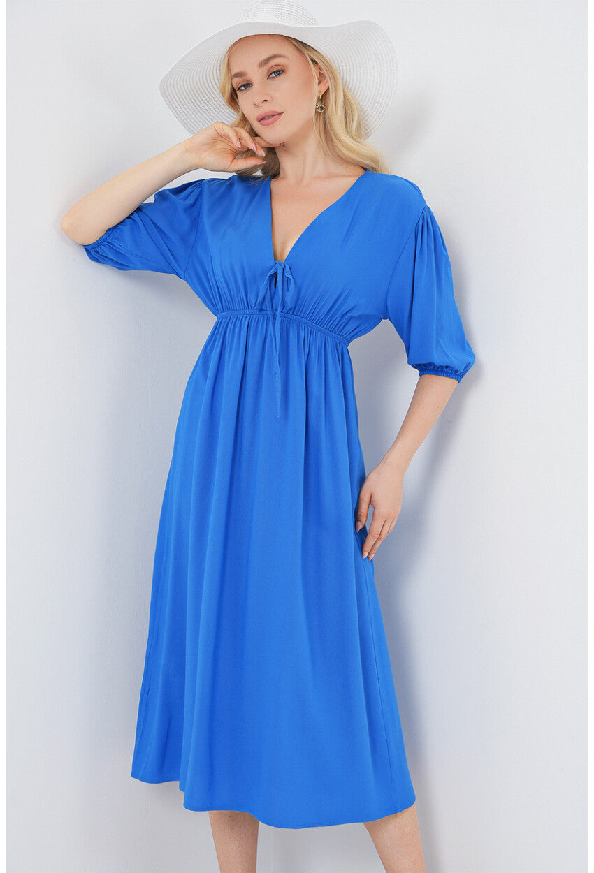 2570 Kadın Beli Büzgülü V Yaka Elbise