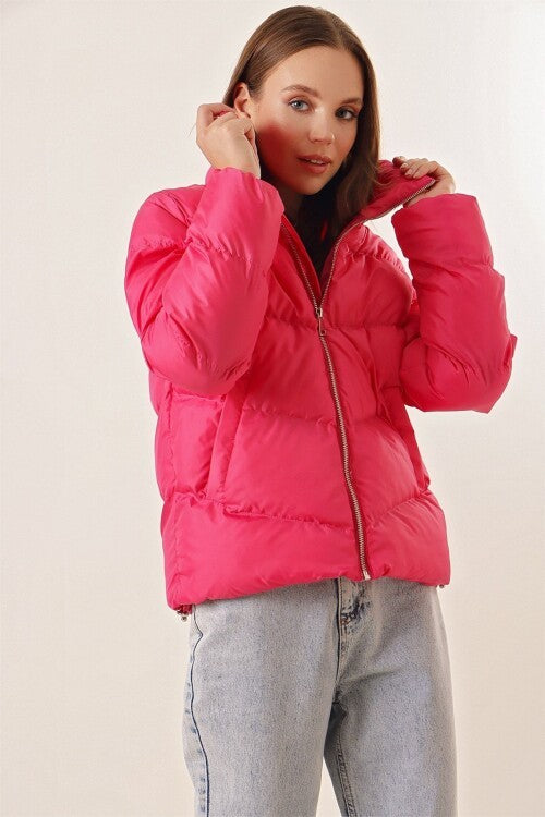 Stend yoqasi fermuarli puffer ko'ylagi - Fuchsia 5205