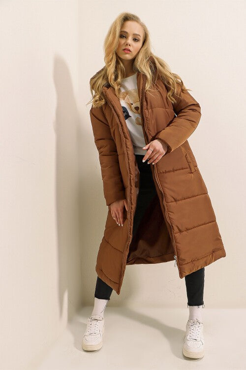 Qopqoqli uzun puffer ko'ylagi - Tan 5120
