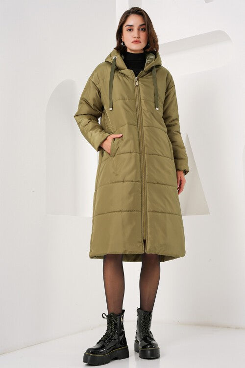 Qopqoqli uzun puffer kurtka - xaki 5120