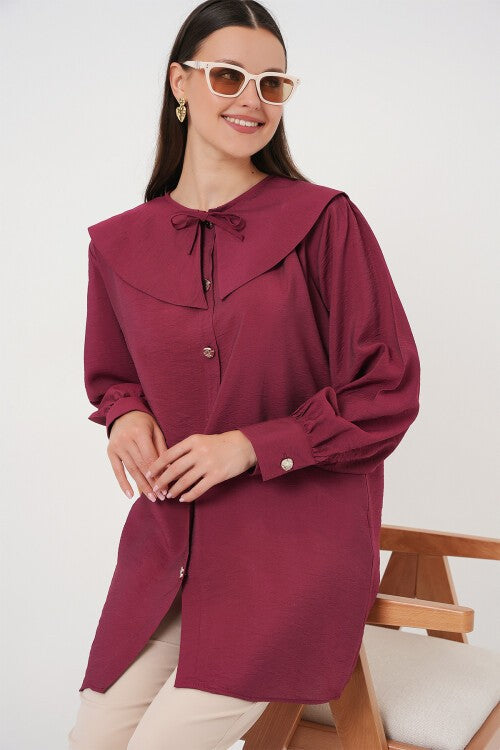 Ayollar Bebe Yakali Uzun Tunika- Bordo (Ayollar chaqaloq yoqasi uzun tunika 5967 - Klaret qizil)