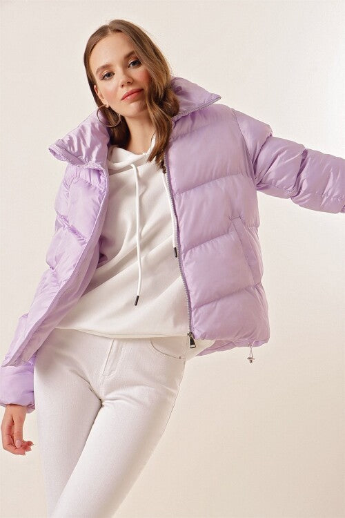 Stend yoqasi fermuarli puffer ko'ylagi - Lilac 5205