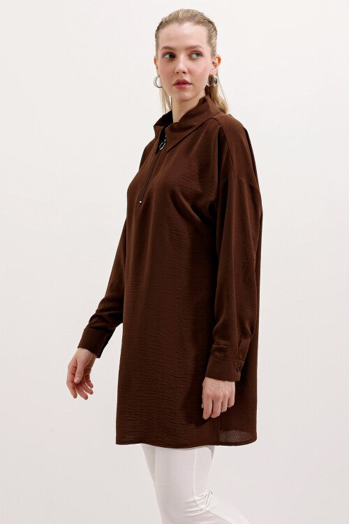 Fermyarli Oversayz Tunika — Qahvarang (5917 Fermyarli Oversize Tunik - Jigarrang)