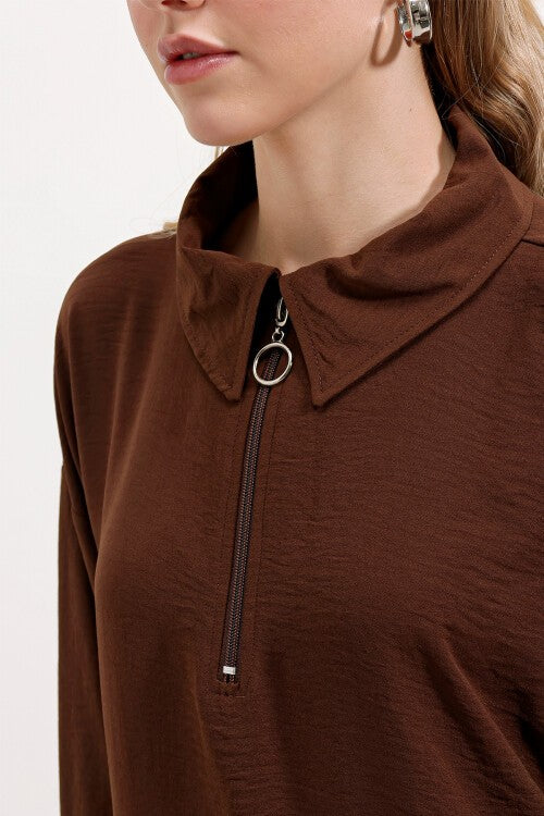 Fermyarli Oversayz Tunika — Qahvarang (5917 Fermyarli Oversize Tunik - Jigarrang)