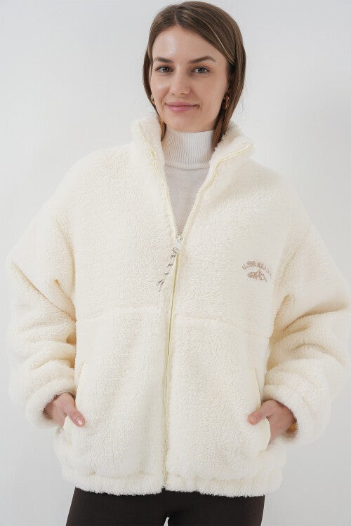 Kadın Oversize Peluş Ceket Mont - Ekru 5212