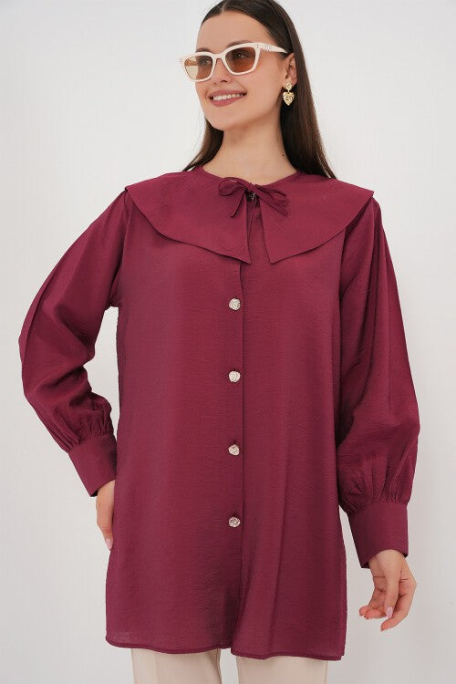 Ayollar Bebe Yakali Uzun Tunika- Bordo (Ayollar chaqaloq yoqasi uzun tunika 5967 - Klaret qizil)