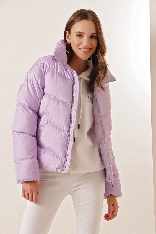 Stend yoqasi fermuarli puffer ko'ylagi - Lilac 5205