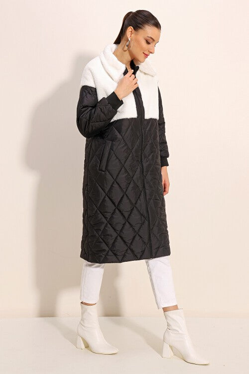 Uzun Oversize Şişme Mont - Beyaz 5185