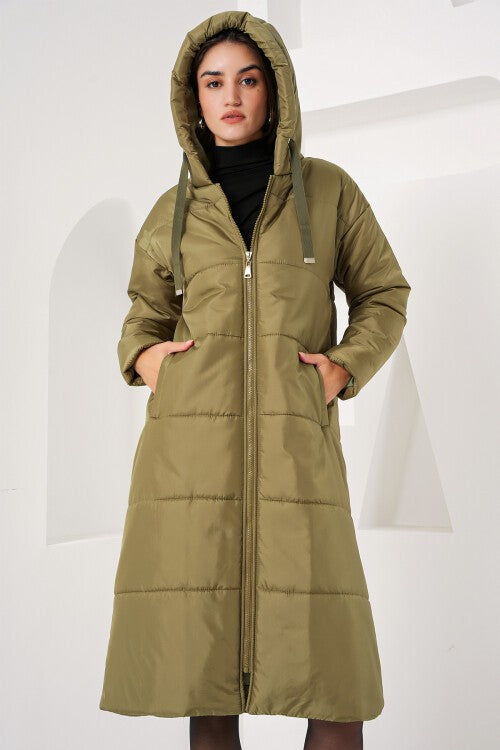 Qopqoqli uzun puffer kurtka - xaki 5120
