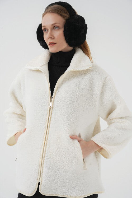 Fermuarlı Peluş Mont - Ekru 5211