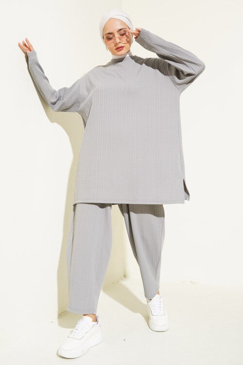 Bisiklet Yaka Tunik Pantolon İkili Takım - Gri 6681