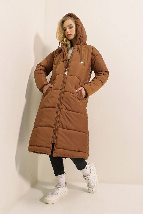 Qopqoqli uzun puffer ko'ylagi - Tan 5120