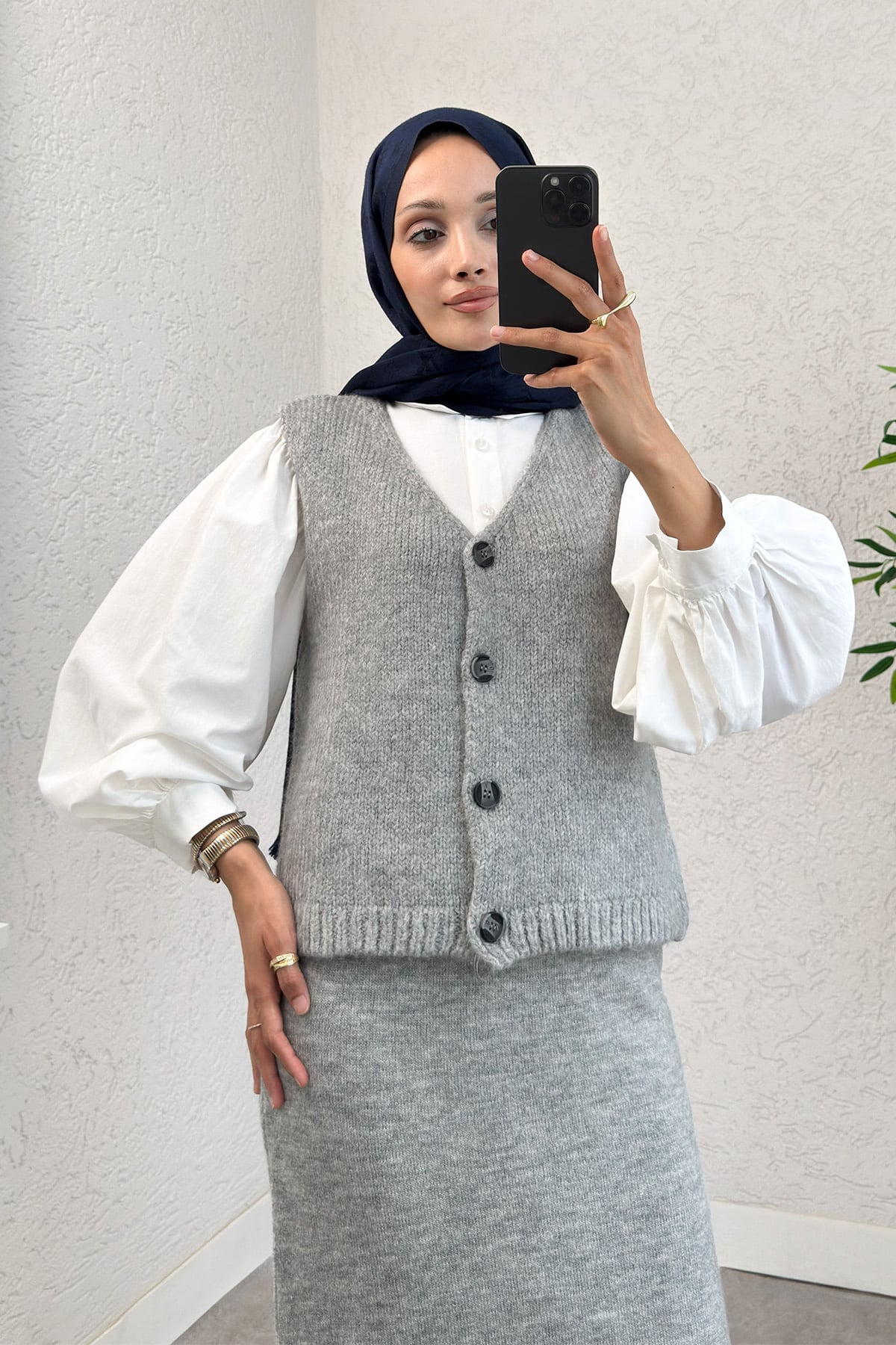 Triko Yelekli Takım Gri