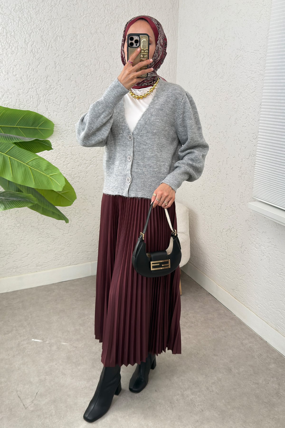 Düğmeli Triko Hırka Gri