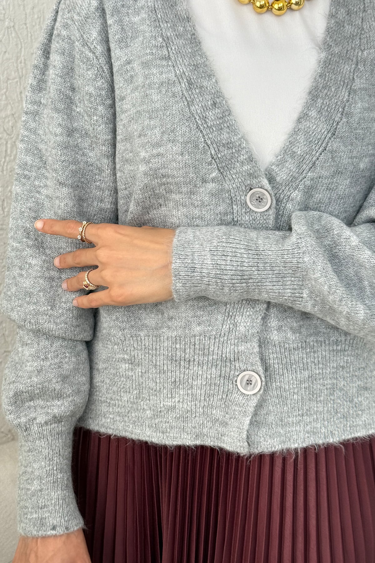 Düğmeli Triko Hırka Gri