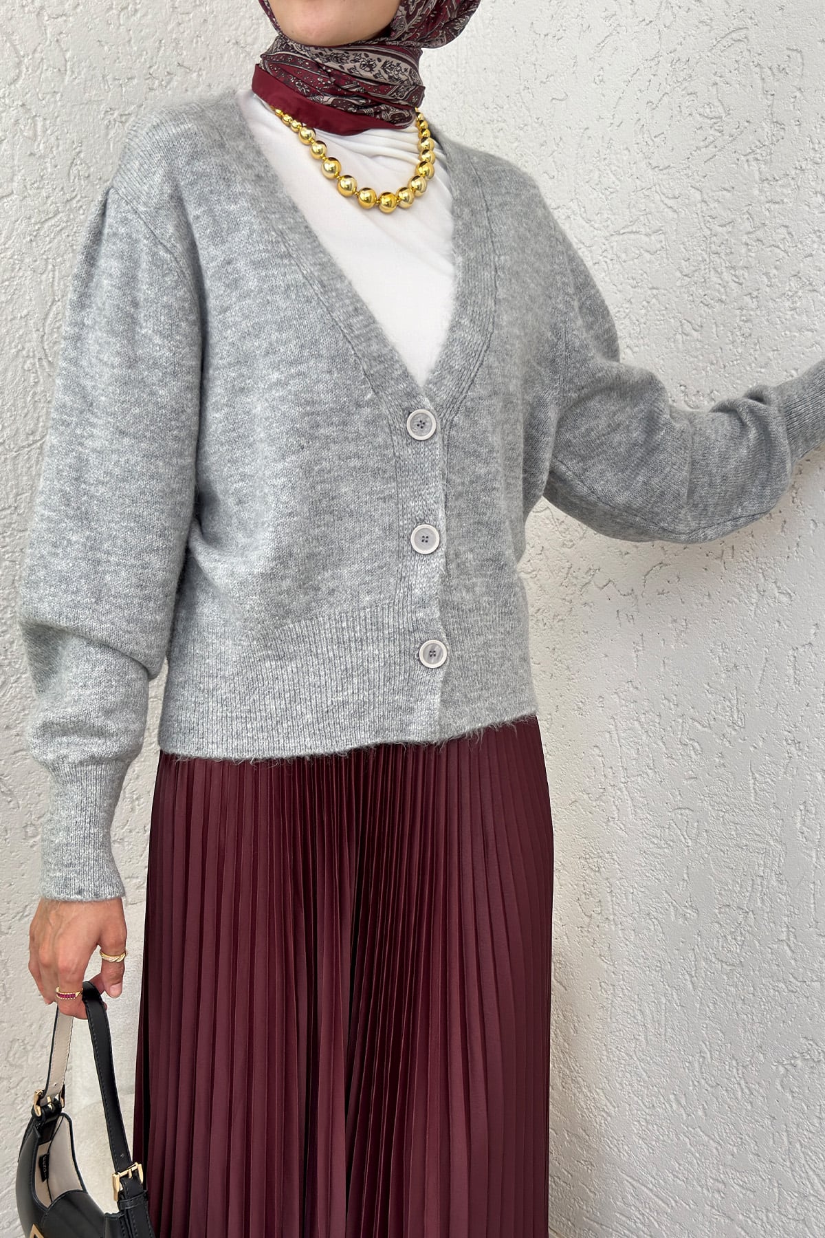 Düğmeli Triko Hırka Gri