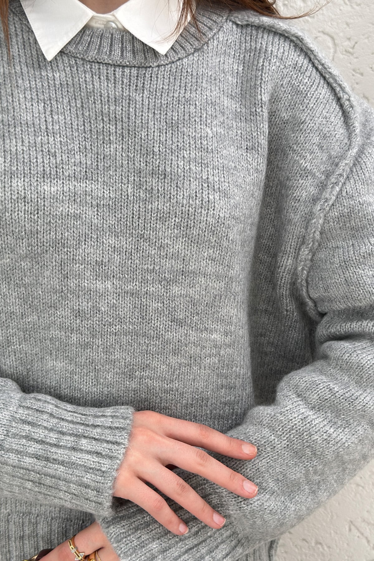 T Dikiş Triko Kazak Gri