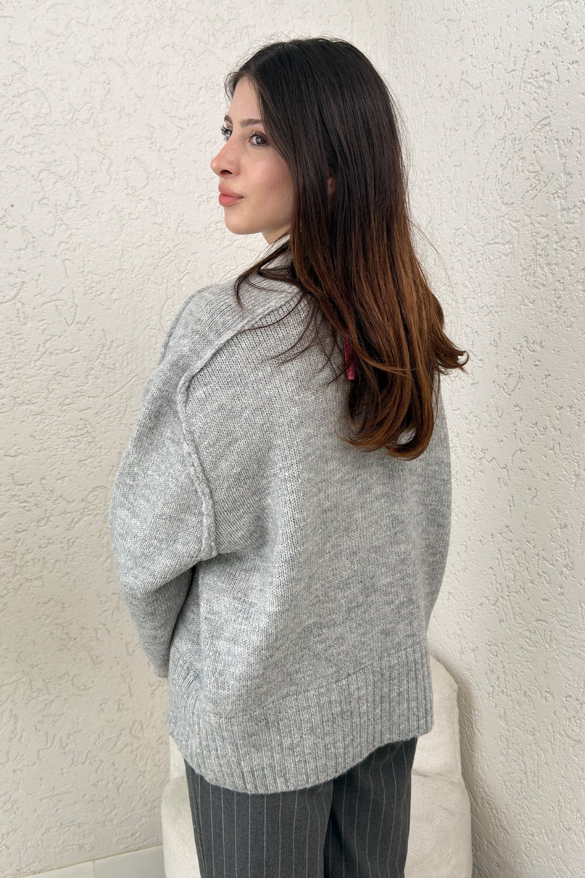 T Dikiş Triko Kazak Gri