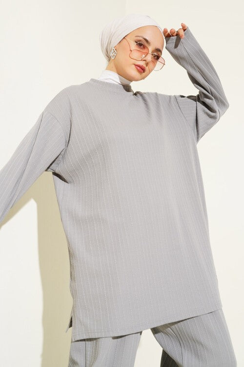 Bisiklet Yaka Tunik Pantolon İkili Takım - Gri 6681