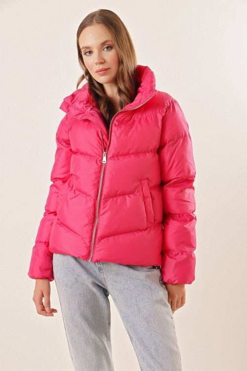 Stend yoqasi fermuarli puffer ko'ylagi - Fuchsia 5205