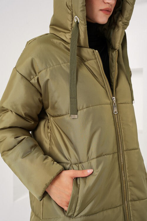 Qopqoqli uzun puffer kurtka - xaki 5120