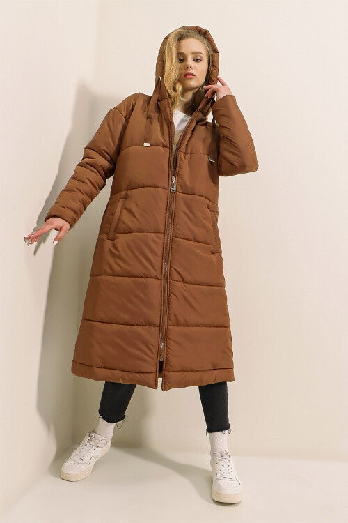 Qopqoqli uzun puffer ko'ylagi - Tan 5120