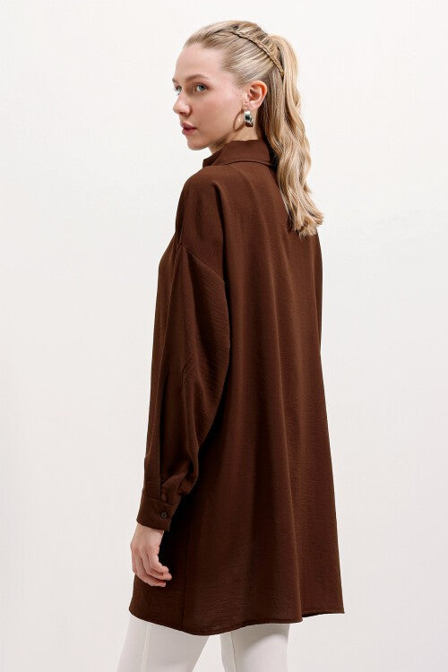 Fermyarli Oversayz Tunika — Qahvarang (5917 Fermyarli Oversize Tunik - Jigarrang)