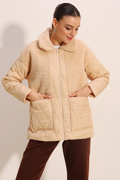 Peluş Detaylı Oversize Şişme Mont - Bej 5182