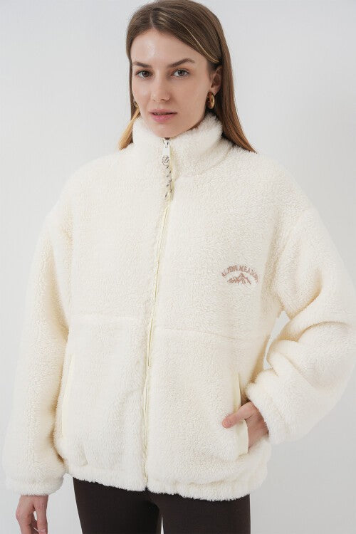 Kadın Oversize Peluş Ceket Mont - Ekru 5212