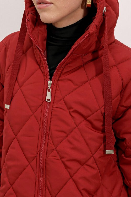 Kapitone Uzun Şişme Mont - Bordo 5138
