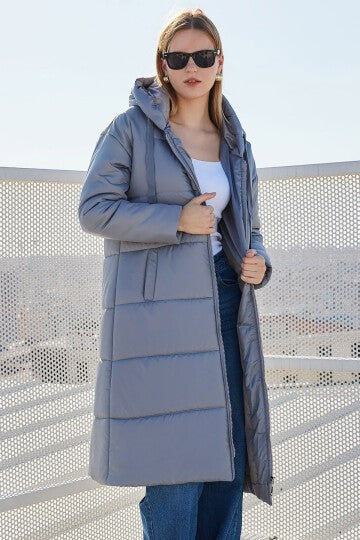 Kapşonlu Uzun Şişme Mont - Gri 5120