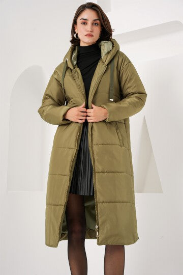 Qopqoqli uzun puffer kurtka - xaki 5120