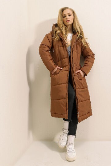 Qopqoqli uzun puffer ko'ylagi - Tan 5120