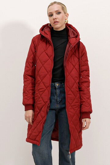 Kapitone Uzun Şişme Mont - Bordo 5138