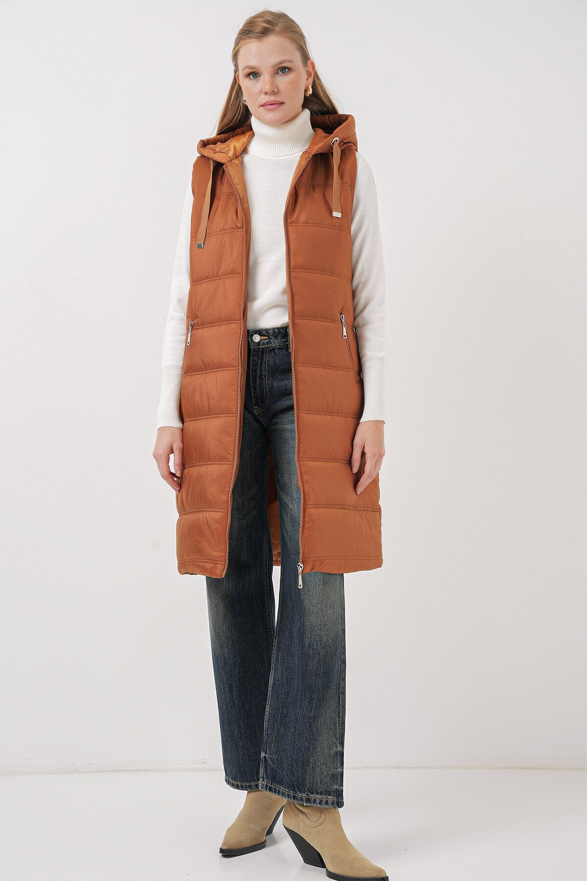 Qopqoqli uzun puffer jilet - Camel 5140
