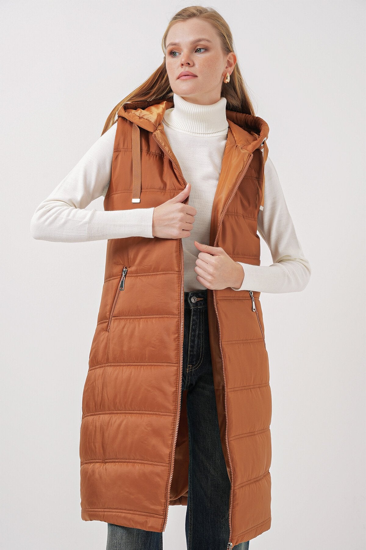 Qopqoqli uzun puffer jilet - Camel 5140
