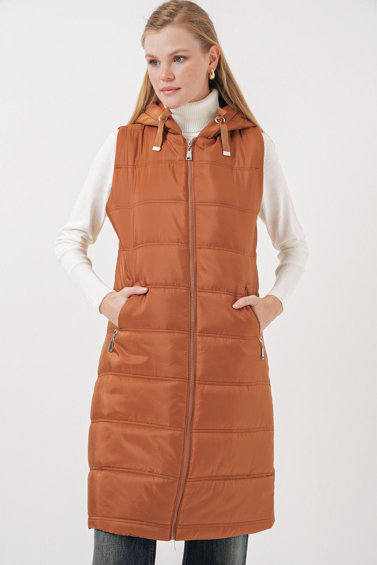 Qopqoqli uzun puffer jilet - Camel 5140