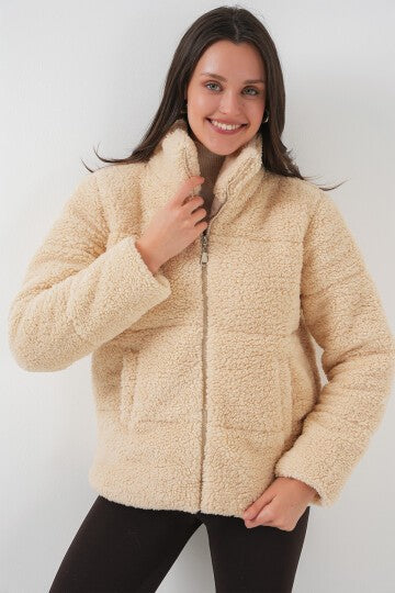 Astarlı Peluş Mont - Krem 5178