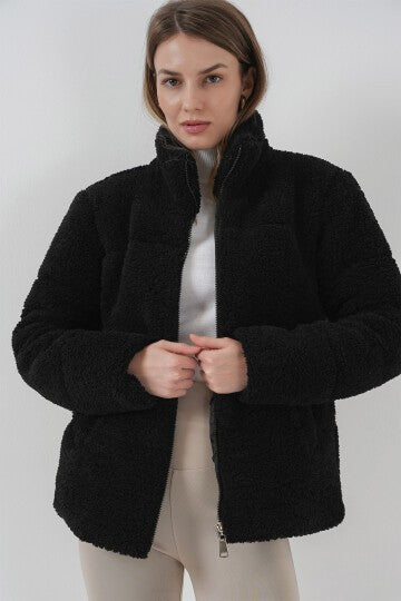 Astarlı Peluş Mont - Siyah 5178