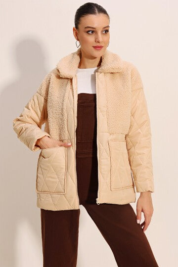 Peluş Detaylı Oversize Şişme Mont - Bej 5182