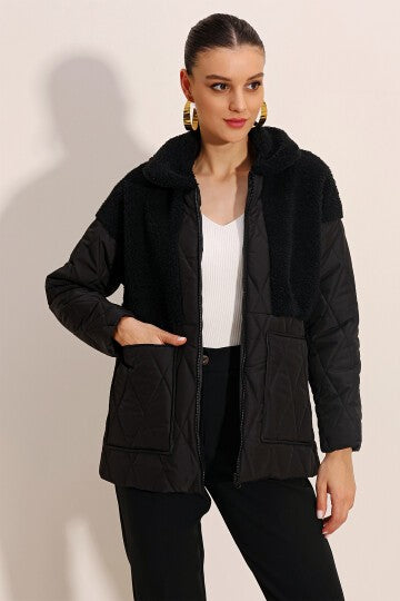 Peluş Detaylı Oversize Şişme Mont - Siyah 5182