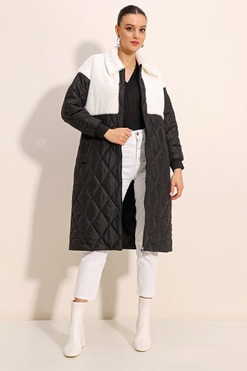 Uzun Oversize Şişme Mont - Beyaz 5185
