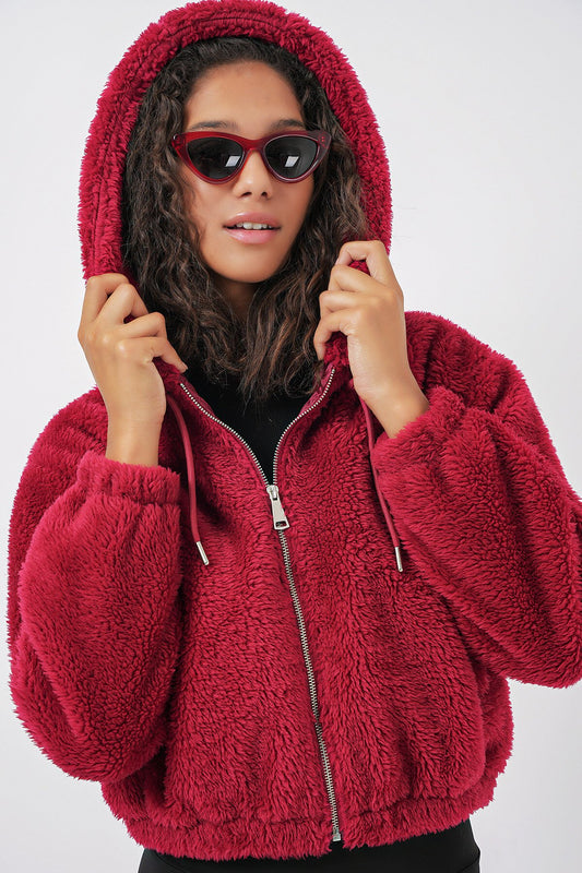 Merterium 5193 Kapüşonlu Peluş Crop Ceket - Bordo