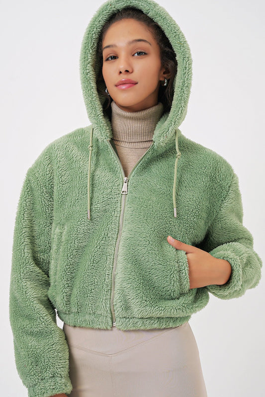 Merterium 5193 Kapüşonlu Peluş Crop Ceket - E.Yeşil