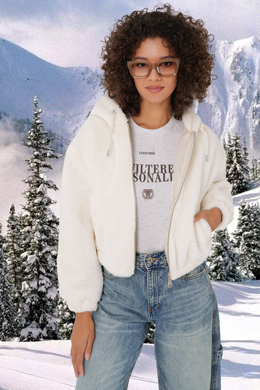 Merterium 5193 Kapüşonlu Peluş Crop Ceket - Ekru