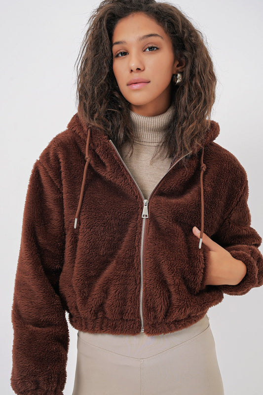 Merterium 5193 Kapüşonlu Peluş Crop Ceket - Kahverengi
