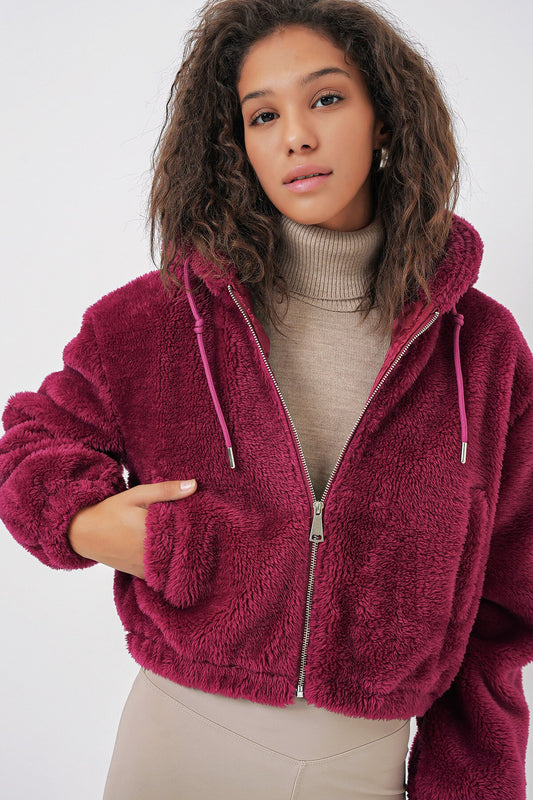 Merterium 5193 Kapüşonlu Peluş Crop Ceket - Mürdüm